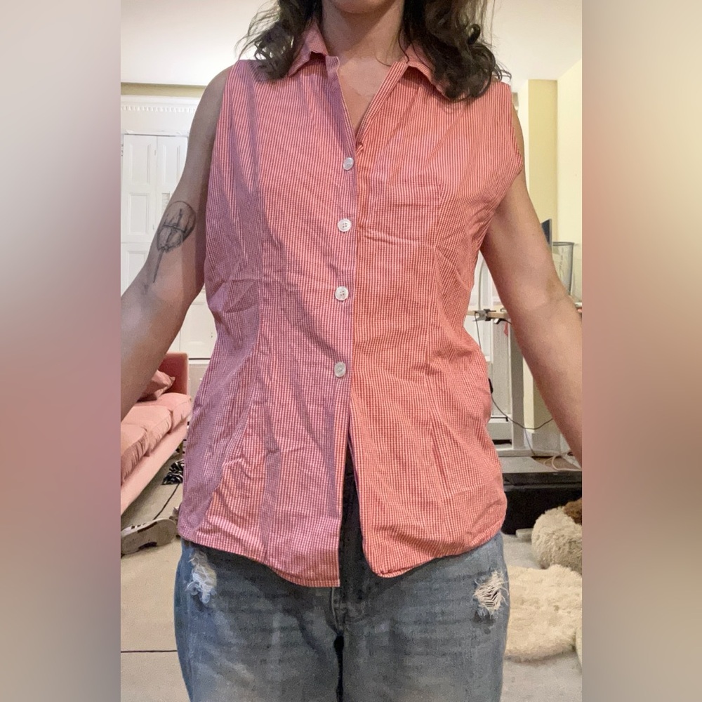Red gingham sleeveless button down